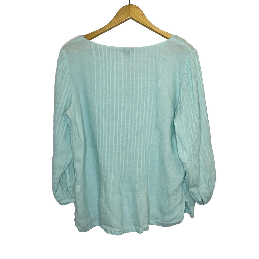 Women's Large Talbots 100% Linen Teal Blue Pleated Blouse Lightweight - Picture 5 of 5